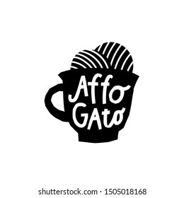 Coffee Affogato Ice cream Drink types sign lettering on cup. Cute, simple vector for postcard graphic design Hand written paper cutout letters geometric style print. Hot mug Shop promotion motivation