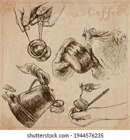 COFFEE. Agriculture. Life of a farmer. Coffee harvesting and processing. Collection of an hand drawing illustrations. Pack of vector illustrations, line art. Set of freehand sketches.