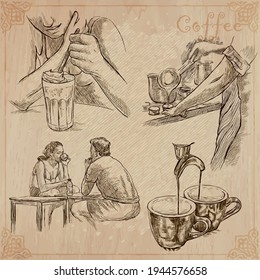 COFFEE. Agriculture. Life of a farmer. Coffee harvesting and processing. Collection of an hand drawing illustrations. Pack of vector illustrations, line art. Set of freehand sketches.