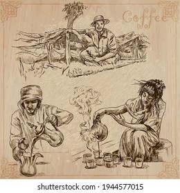 COFFEE. Agriculture. Life of a farmer. Coffee harvesting and processing. Collection of an hand drawing illustrations. Pack of vector illustrations, line art. Set of freehand sketches.