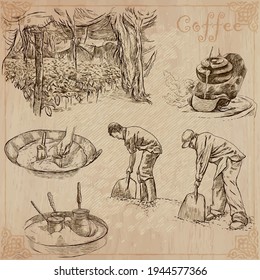 COFFEE. Agriculture. Life of a farmer. Coffee harvesting and processing. Collection of an hand drawing illustrations. Pack of vector illustrations, line art. Set of freehand sketches.