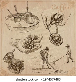 KAFFEE. Landwirtschaft. Das Leben eines Bauern. Kaffeeernte und -verarbeitung. Sammlung von Illustrationen zum Zeichnen von Hand. Paket von Vektorgrafiken, Line Art. Set von Freehe und Skizzen.