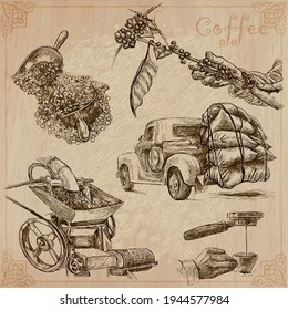 COFFEE. Agriculture. Life of a farmer. Coffee harvesting and processing. Collection of an hand drawing illustrations. Pack of vector illustrations, line art. Set of freehand sketches.