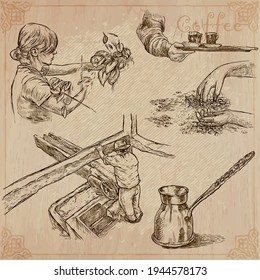 COFFEE. Agriculture. Life of a farmer. Coffee harvesting and processing. Collection of an hand drawing illustrations. Pack of vector illustrations, line art. Set of freehand sketches.