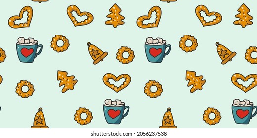 Coffee with airy marshmallows. Delicious and beautiful gingerbread. Endless pattern on a light background.Hand drawn cute print for posters, cards, t-shirts.