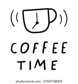 Taza de la alarma del café. Ilustración vectorial mínima de la taza de café con la cara del reloj y las ondas de alarma. Concepto simple de despertar por la mañana.