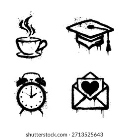 Café, alarma, estudio, y el amor pintó los iconos del graffiti fijados.
