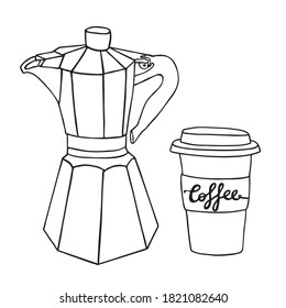 Coffee aluminium kettle and paper coffee cup. Vector drawing sketch illustration