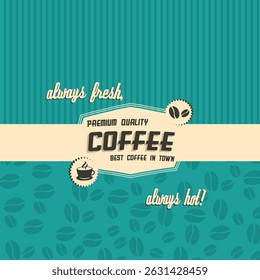 Coffee always fresh pattern, A blue background image with the words coffee and coffee beans.