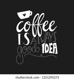 Coffee is always a good idea. Hand drawn lettering phrase. Modern motivating calligraphy decor. Scrapbooking or journaling card with quote.