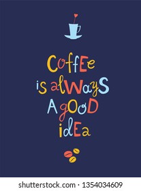 Coffee is always a good idea hand drawn vector lettering. Stylized phrase icons background. Coffee lovers quote isolated clipart. Flat design typography. Inspirational poster, banner, greeting card