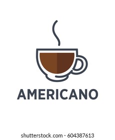 Coffee americano logo for cafe or cafeteria icon template. Vector hot drink with steam in glass cup for fast food, coffeeshop or coffeehouse takeaway menu design element