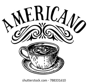 Coffee Americano logo. Types of coffee. Handwritten lettering design elements. Template and concept for cafe, menu, coffee house, shop advertising, coffee shop. Vector illustration.