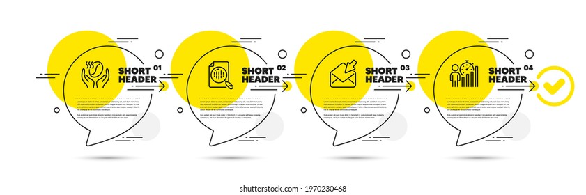 Coffee, Analytics chart and Open mail line icons set. Timeline infograph speech bubbles. Business statistics sign. Roasted bean, Report analysis, View e-mail. Working report. Business set. Vector