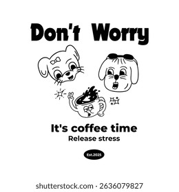 coffee and animals retro cartoon character t-shirt design illustration