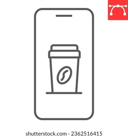 Icono de línea de aplicación de café, móvil y de despegue, taza de papel de café en icono vector de smartphone, gráficos vectoriales, símbolo de contorno de trazo editable, eps 10.