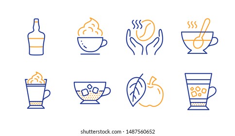 Coffee, Apple and Coffee cup line icons set. Tea cup, Scotch bottle and Frappe signs. Roasted bean, Fruit. Food and drink set. Line coffee icon. Vector