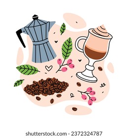 Coffee Aromatic Drink with Bean Pile, Kettle and Glass Vector Composition