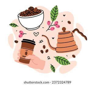 Coffee Aromatic Drink with Cup, Bean in Bowl and Kettle Vector Composition