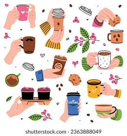 Coffee Aromatic Drink in Cup and Mug Hold by Hand Vector Set