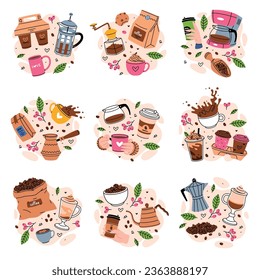 Coffee Aromatic Drink in Cup and Mug Vector Composition Set