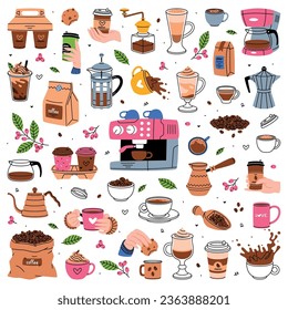 Coffee Aromatic Drink with Cup and Mug Vector Set