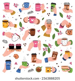 Coffee Aromatic Drink in Cup and Mug Hold by Hand Vector Set