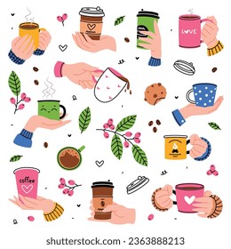 Coffee Aromatic Drink in Cup and Mug Hold by Hand Vector Set