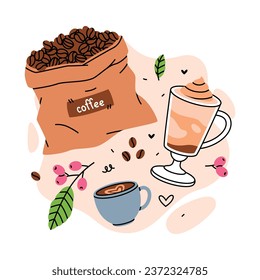 Coffee Aromatic Drink with Cup and Sack of Beans Vector Composition