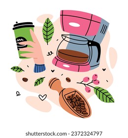 Kaffee-Aromatisches Getränk mit Cup, Scoop und Coffeemaker-Vektorkomposition