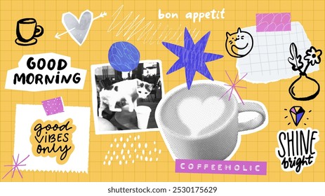 Collage de arte de café, taza de capuchino de medio tono, notas de nota grabadas, citas positivas y letras fijadas en el tablero amarillo, Anuncio Horizontal. Conjunto de Elementos de moda de café.