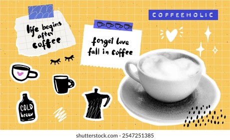 Coffee art collage stickers, halftone cappuccino cup, taped memo notes, positive quotes and lettering pinned on yellow board, horizontal banner. Cafe trendy elements collection.