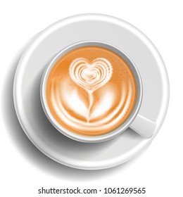 Coffee Art Cup Vector. Top View. Heart. Hot Cappuccino Coffee. White Mug. Illustration