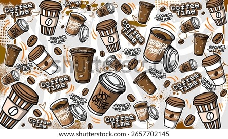 Coffee art graffiti background illustration. Coffee icons with spray paint graffiti elements