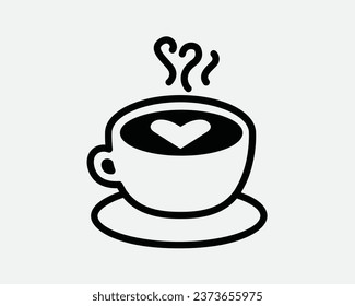 Coffee Art Icon Cafe Latte Cappuccino Warm Hot Beverage Coffeeshop Espresso Milk Mug Cup Frothy Black White Outline Line Shape Sign Symbol EPS Vector