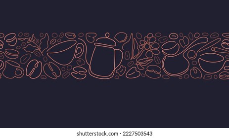 Coffee art line seamless print. Abstract graphic cup, branch, grain. Aroma drink. Vector contour border on black background