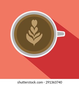 Coffee art with tulip pattern, flat illustration with long shadow