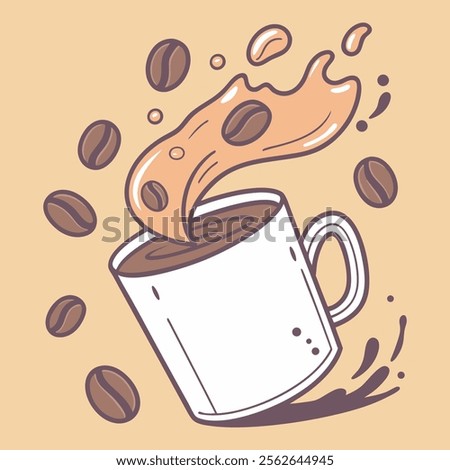 Coffee art vector with beans and steaming cup, perfect for digital and print use,Dynamic coffee and milk splash graphic ideal for posters or social media ads.