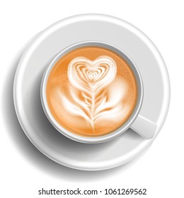 Coffee Art Vector. Cup Top View. Hot Cappuccino Coffee. White Mug. Realistic  Illustration