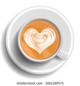Coffee Art Vector. Top View. Hot Cappuccino Coffee Cup. Espresso. Fast Food Cup. White Mug. Isolated Illustration

