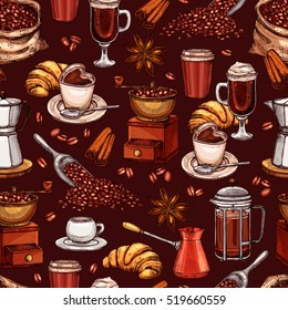 Coffee Attributes Color Hand Drawn Seamless Pattern. Coffee Sketch On Broun Background