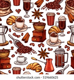 Coffee Attributes Color Hand Drawn Seamless Pattern. Coffee Sketch Background