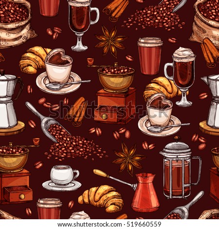Coffee Attributes Color Hand Drawn Seamless Pattern. Coffee Sketch On Broun Background
