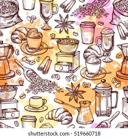Coffee Attributes Hand Drawn Seamless Pattern. Coffee Sketch Background With Splashes And Blots