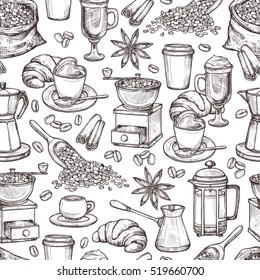 Coffee Attributes Monochrome Hand Drawn Seamless Pattern. Coffee Sketch Background