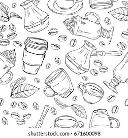 Coffee Attributes Monochrome Hand Drawn Seamless Pattern