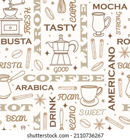 Coffee attributes seamless vector pattern. Hand-drawn illustration on a light backdrop. Accessories for brewing a drink - coffee maker, grains, grinder. Concept with text, design for menu, cafe, bar