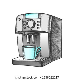 Coffee Automatic Machine With Cup Retro Vector. Espresso Machine For Brew Aromatic Energy Drink. Engraving Concept Template Hand Drawn In Vintage Style Color Illustration