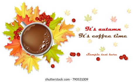 Coffee and Autumn leaves Vector realistic on white backgrounds