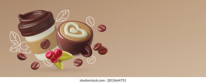 Coffee background in a 3d style with cappuccino, espresso cup, coffee beans and berries. Cafe and roasting concept poster design. High quality scalable vector illustration. 